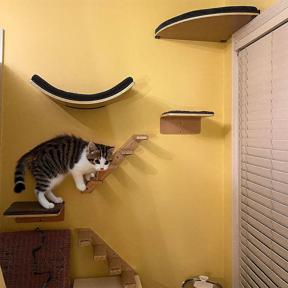 Sistema de escalada para gatos montado en la pared, postes rascadores de madera para gatos y puente de suspensión para crear espacio de actividades para gatos en interiores - imagen 2