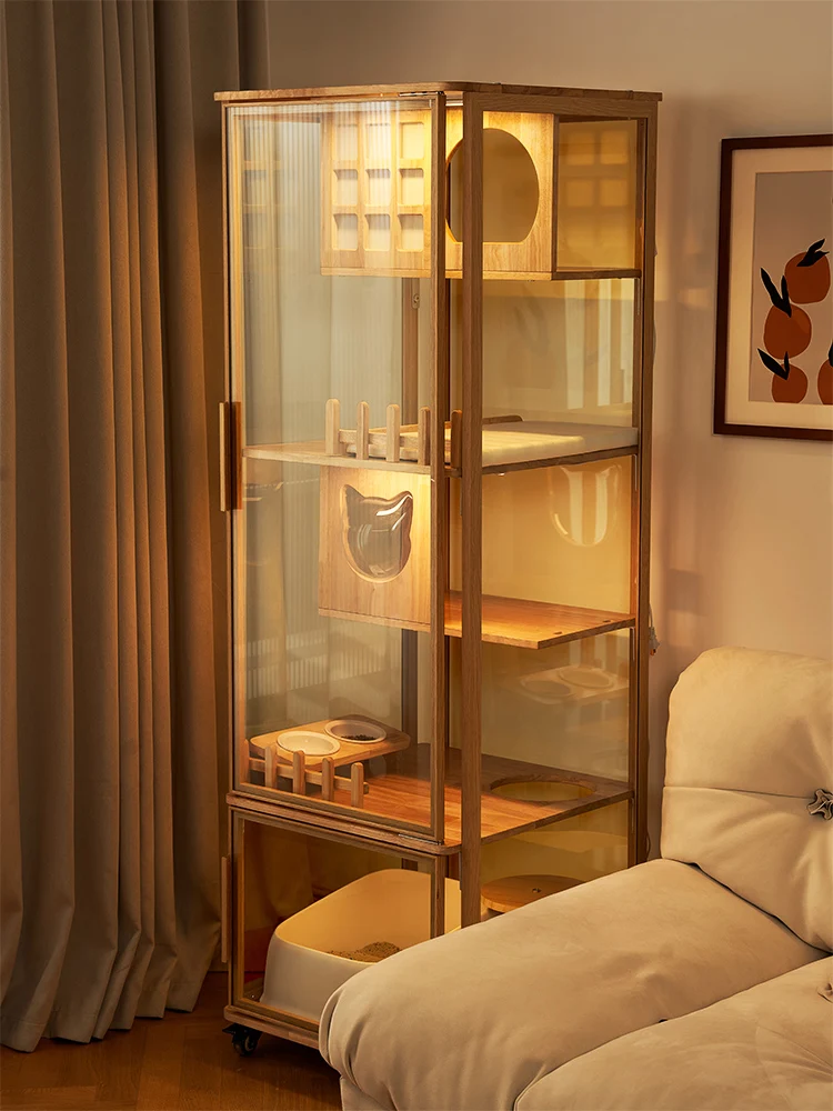 Villa panorámica de madera maciza para gatos, jaula para gatos, gabinete de lujo, habitación de vidrio para mascotas, hogar, no ocupa - imagen 2