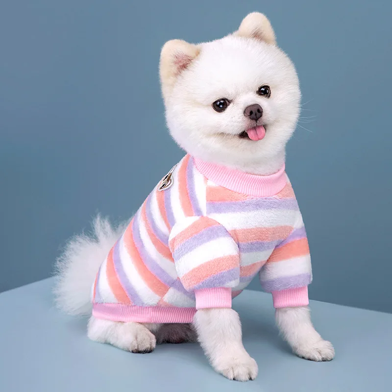 Ropa de lana suave para mascotas, chaleco cálido de invierno para perros pequeños, ropa para cachorros y gatos a rayas de arcoíris, abrigos para Chihuahua, caniche, Shih Tzu - imagen 3