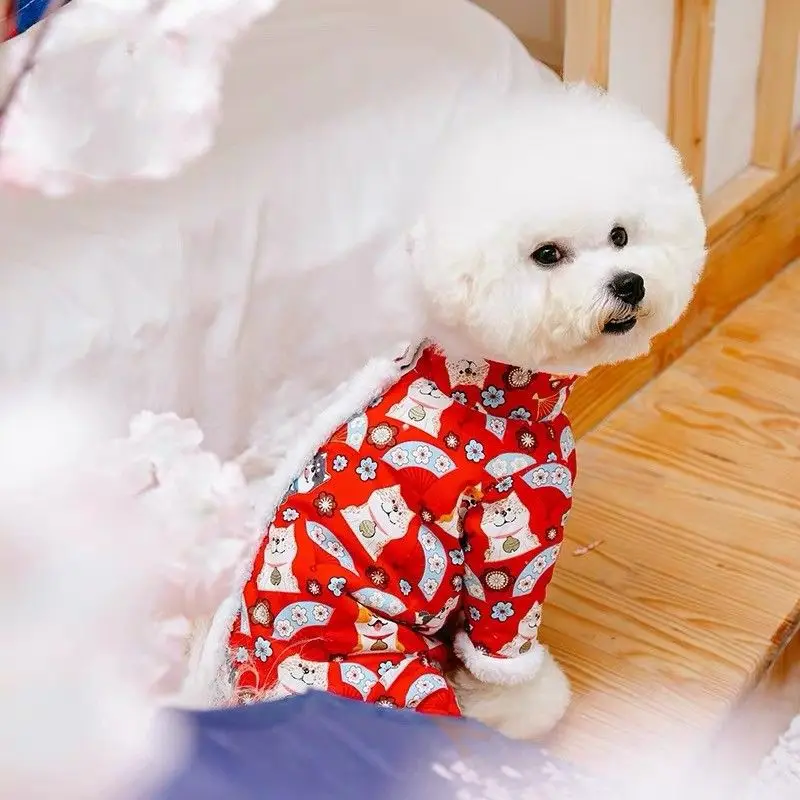 Pantalones gruesos de cuatro patas con encaje de felpa para mascotas, todo incluido, mono de peluche para otoño e invierno, chaqueta de cuatro patas con oso de peluche - imagen 3