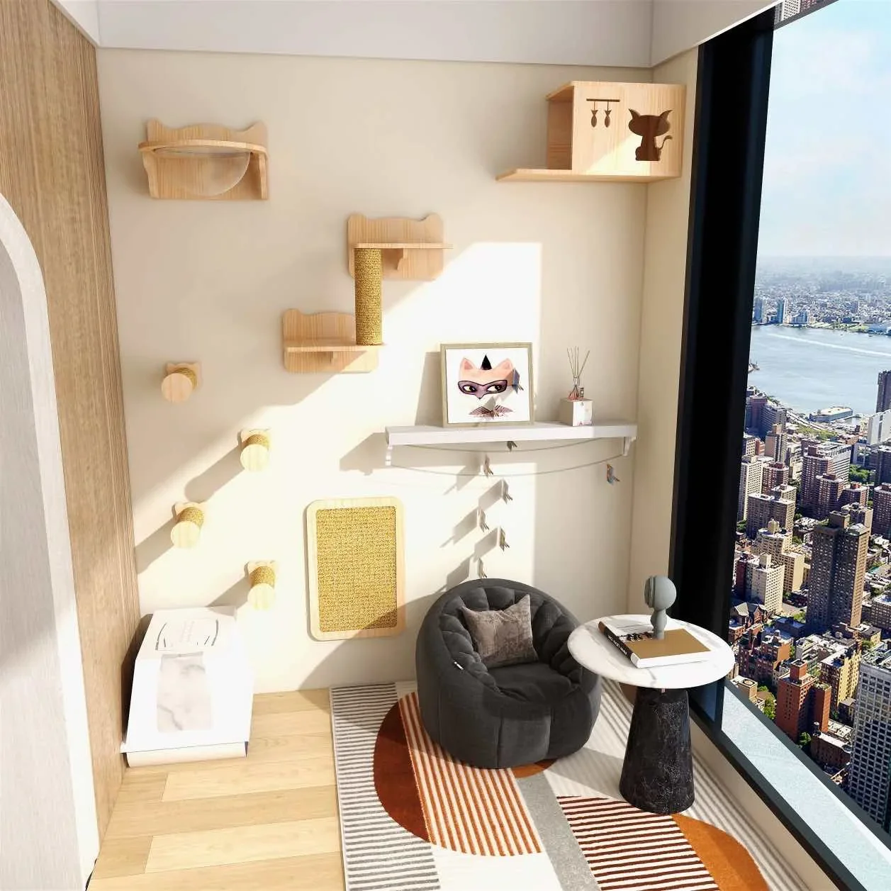 Rascador de pared para gatos – Plataforma, puente y cama acogedora - imagen 5
