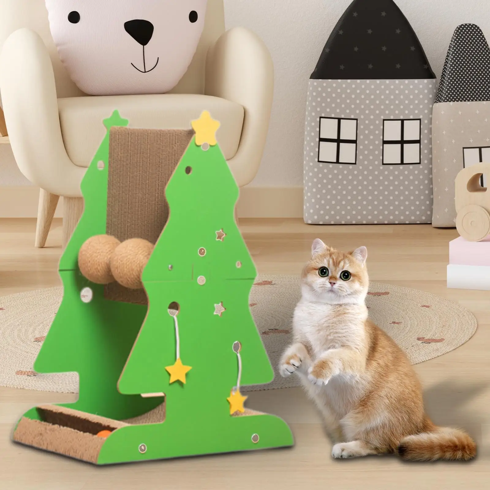 Cat Scratch Post Cat Scratcher Xmas Tree Crafts Activity Toys Pet Toy with Balls Kitten Scratch Post for Indoor Cats