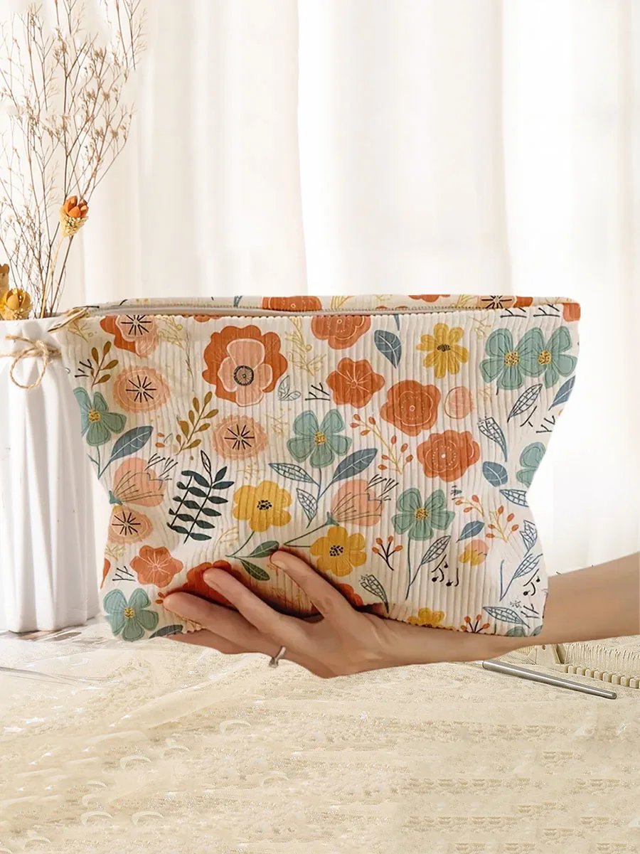 1 bolsa de maquillaje de pana con estampado floral, caja de almacenamiento de maquillaje ligera con cremallera, bolsa multifuncional con forro - imagen 5