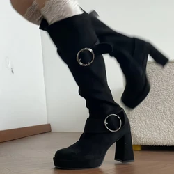 Botas altas de caballero de tacón grueso para mujer, zapatos concisos con hebilla de cinturón, botines largos ajustados elásticos cómodos para otoño e invierno