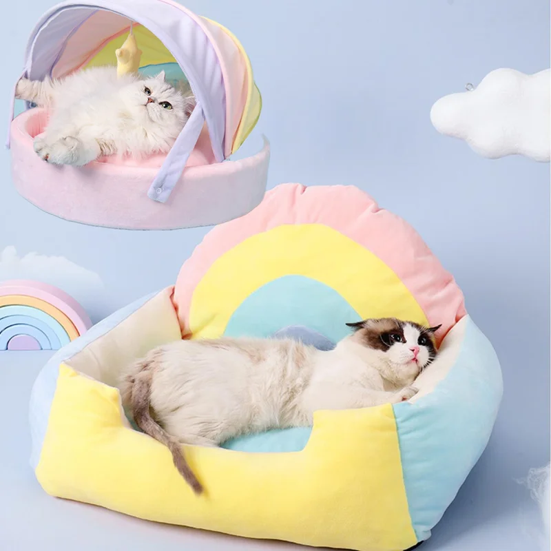 Cama para gatos, bonita cama para gatos, tienda de campaña de arcoíris, almohadilla para dormir para perros, nido para gatos cálido y profundo para invierno, cómoda y transpirable - imagen 2