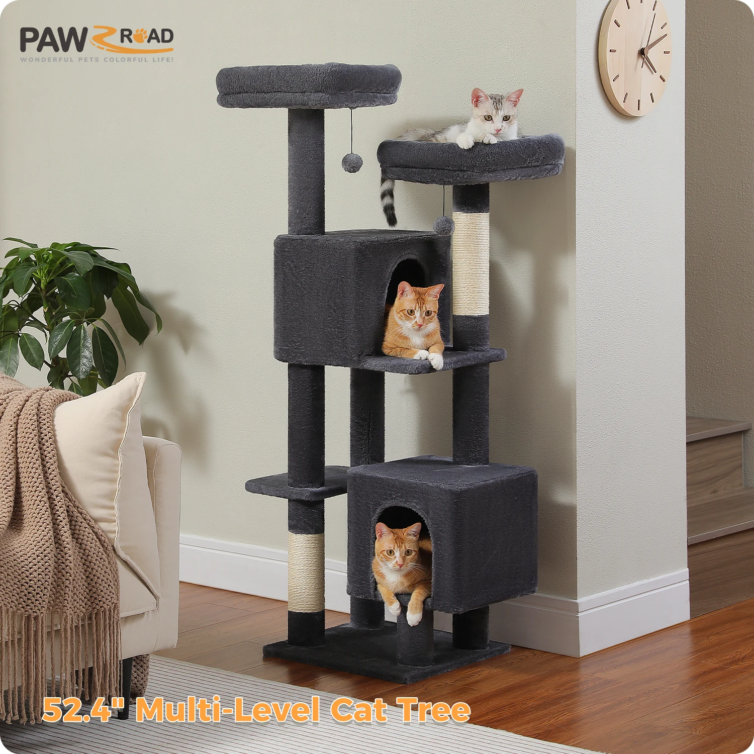 Árbol rascador multinivel para gatos con casas, postes sisal y perchas - imagen 5