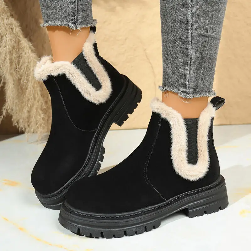Botas de nieve de gamuza con parte inferior gruesa de piel esponjosa de lujo para mujer, botines cálidos de felpa para invierno, botines cortos Chelsea de talla grande para mujer