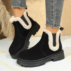Botas de nieve de gamuza con parte inferior gruesa de piel esponjosa de lujo para mujer, botines cálidos de felpa para invierno, botines cortos Chelsea de talla grande para mujer