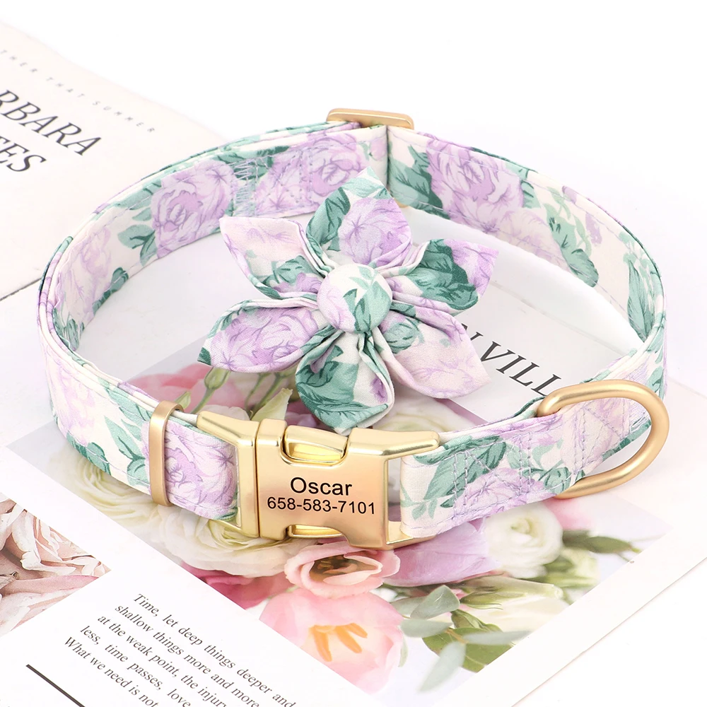 Collar de perro personalizado con estampado de nailon, collares para perros, Collar de identificación personalizado para mascotas con bonita flor para perros pequeños, medianos y grandes, Pug - imagen 4