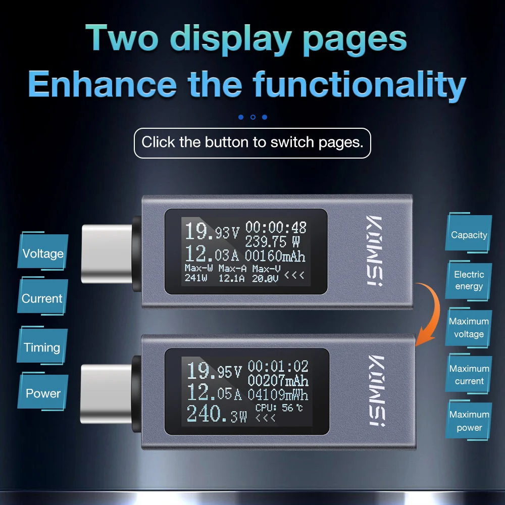 DC 4-30V 0-12A tipo C probador KWS-2301C voltímetro Digital amperímetro Detector de carga de teléfono móvil pantalla LED medidor de potencia de voltaje - imagen 2