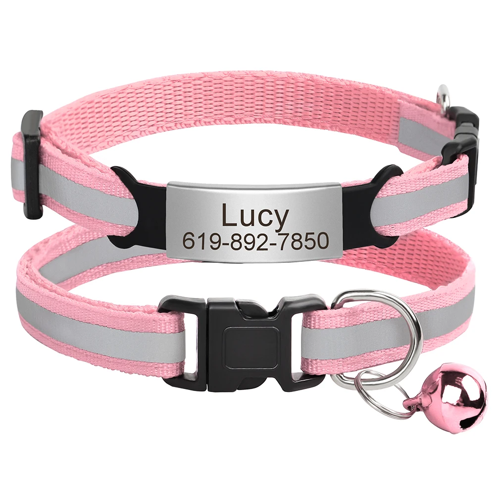 Collar reflectante para gatos, collares para gatos separables de seguridad personalizados con campana, collar con placa de identificación de liberación rápida, grabado gratis - imagen 4