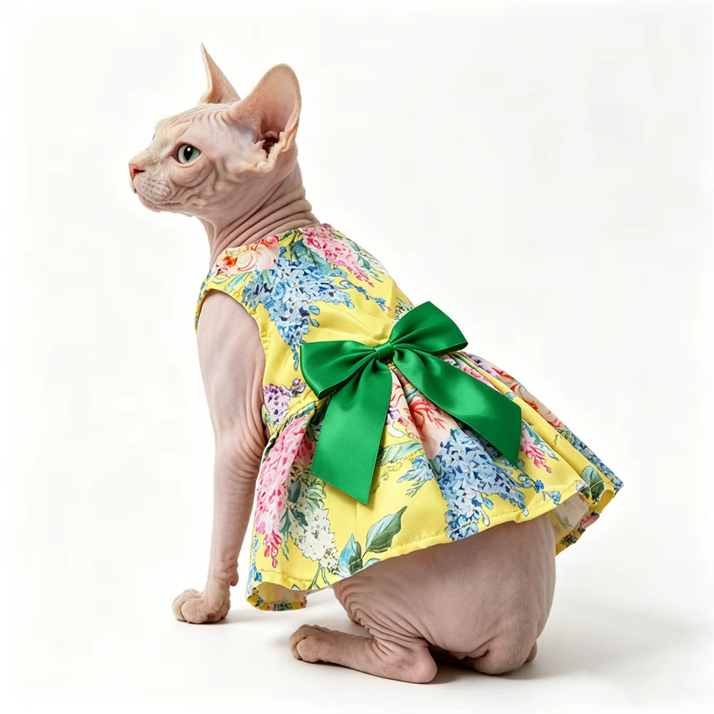 Vestido floral con lazo para gatos Sphynx y perros pequeños – Transpirable verano - imagen 2