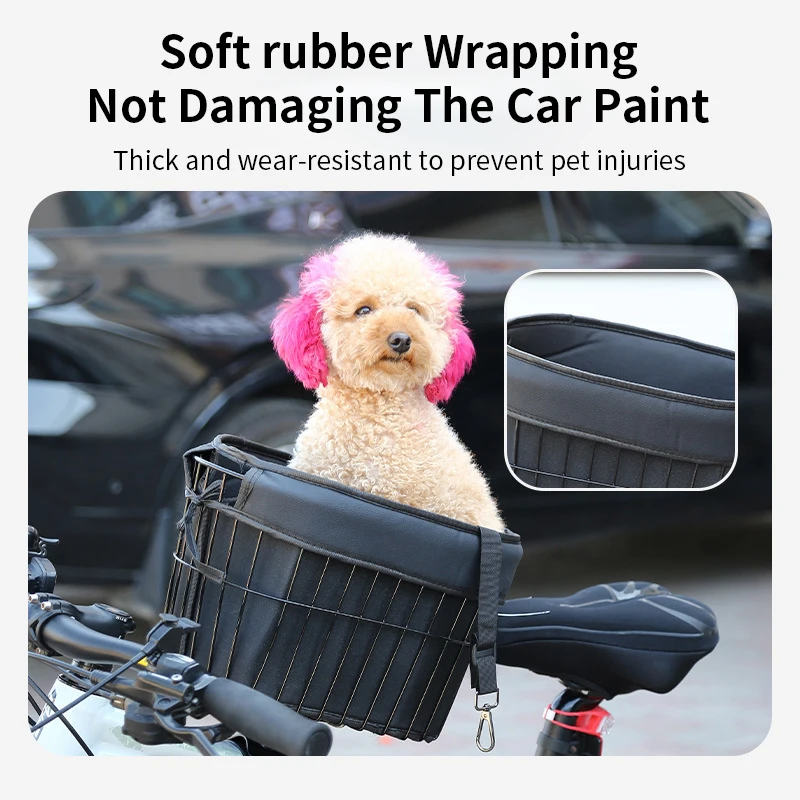 Cesta delantera de bicicleta para perros y gatos, soporte de Metal, correa de seguridad y portador de mascotas con forro de esponja, accesorio de barra transversal de ciclismo - imagen 3