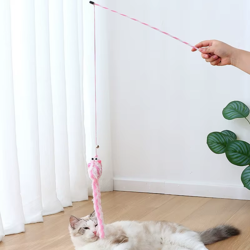 Juguete interactivo para gatos con varita, campana y ratón de peluche - imagen 3