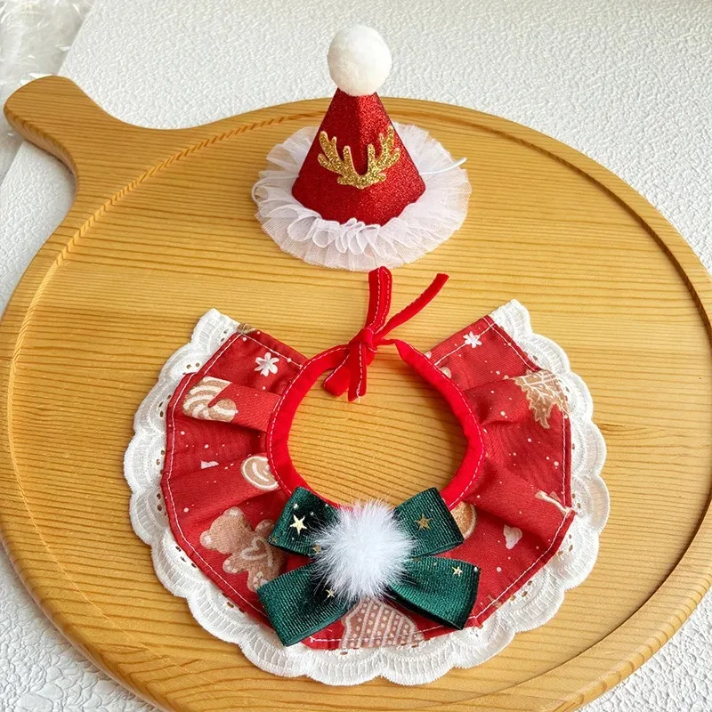 Pañuelo de Navidad para mascotas, Collar con bola de pelo, sombrero, conjunto de Navidad para gatos, bufanda de agua para perros, bufanda roja y verde, accesorios para cachorros - imagen 4