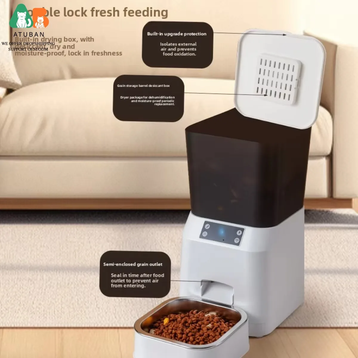 ATUBAN-comedero automático para gatos WiFi, dispensador de alimentos de 4,5 L con grabadora de voz de 10 segundos, comedero para mascotas de hasta 10 comidas al día, comedero para mascotas temporadas - imagen 2