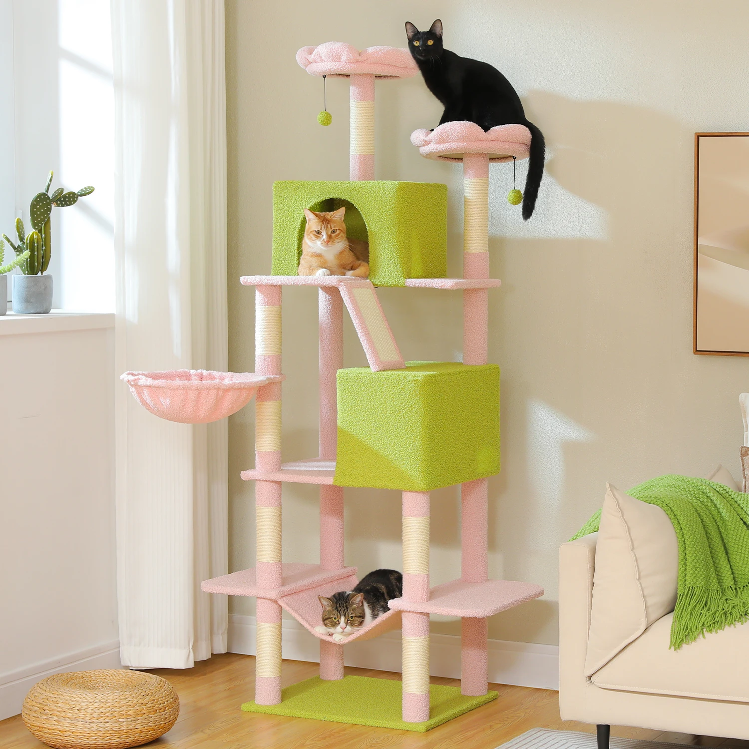 Árbol para gatos estable de 180cm, torre para gatos de varios niveles con 9 áreas para rascar, hamaca de felpa, 2 ocultos espaciosos y acogedores, perca superior, cesta de percha - imagen 4