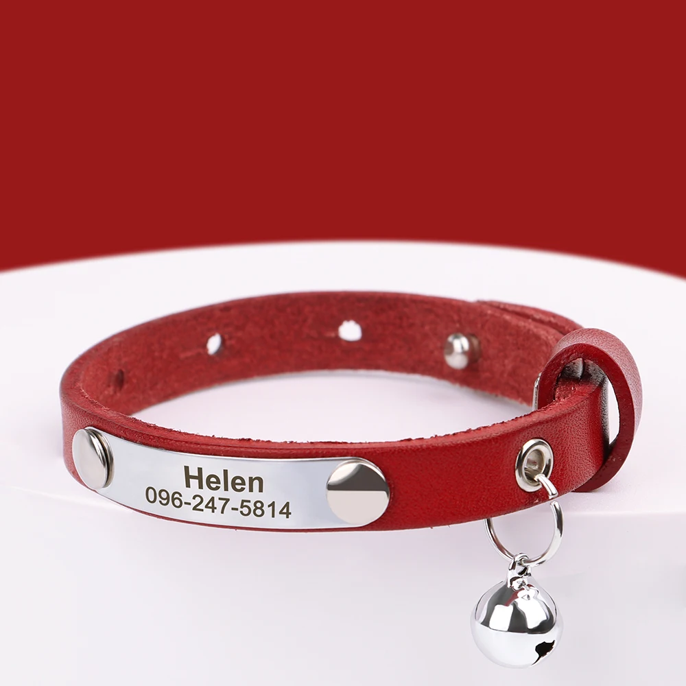 Collar de cuero personalizado para gatos, collares ajustables con identificación para cachorros y gatos, nombre grabado para gatos, gatitos, accesorios para mascotas - imagen 4