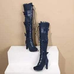 Botas altas elásticas con cordones y cremallera para mujer