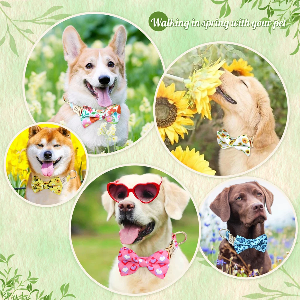 Collar de perro personalizado, pajarita de flores de nailon, collares de identificación para mascotas, Collar de perros personalizado antipérdida para perros pequeños, medianos y grandes de primavera - imagen 5