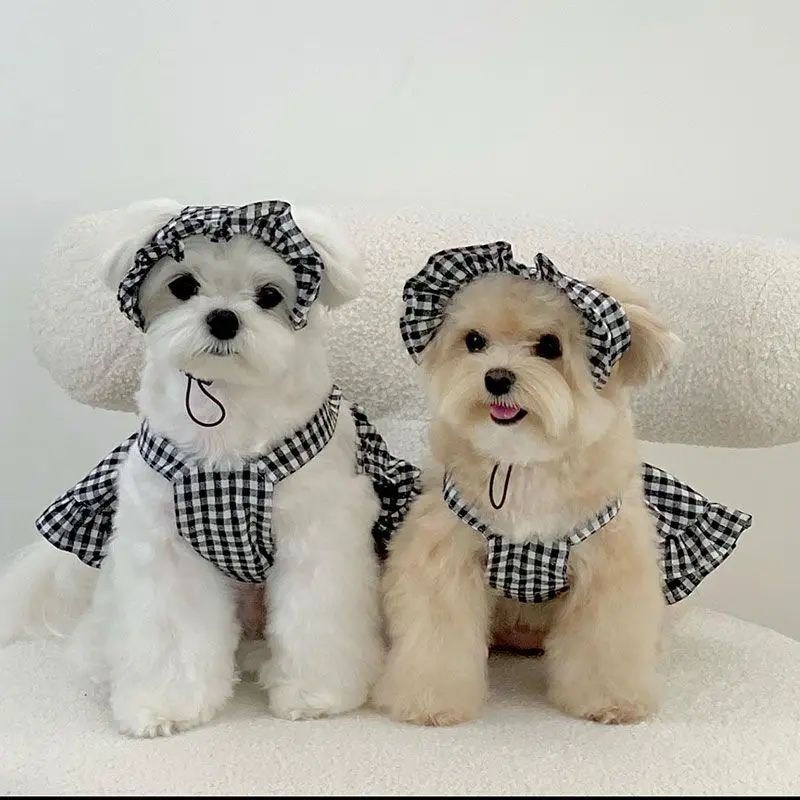 Camisa a cuadros vestido de tirantes ropa para perros pequeños primavera nueva ropa linda oso grande Teddy ropa para cachorros pequeños lindo sombrero para el sol para perros - imagen 2