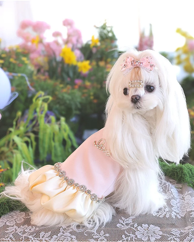 Vestido para mascotas con perlas y diamantes de imitación, vestido de tul para mascotas, vestido de boda para mascotas, ropa de fiesta para perros, vestido hinchado para mascotas rosa - imagen 5