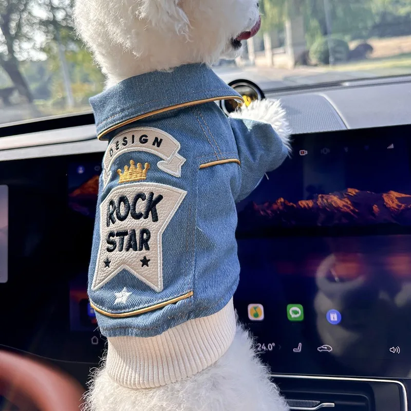 Chaquetas de invierno a la moda para mascotas, chaqueta azul con bordado de roca, ropa para mascotas, ropa para perros y gatos, ropa bonita de tracción para cachorros - imagen 4