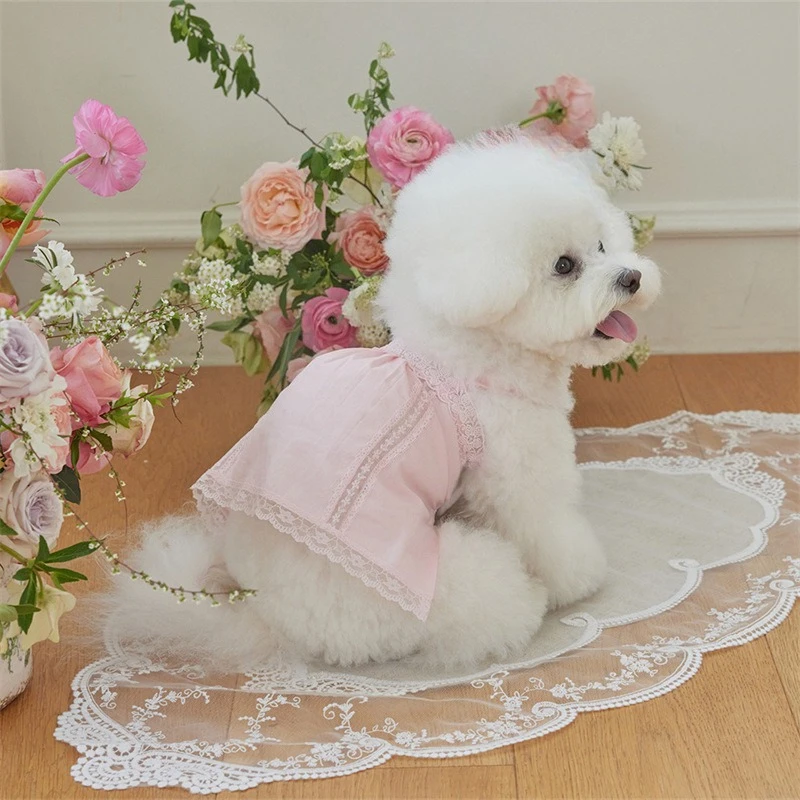 Falda rosa con tirantes de encaje para mascotas, ropa para gatos, Teddy Schnauzer, ropa de dormir para el hogar, chaleco de encaje para perros pequeños, ropa para cachorros - imagen 4