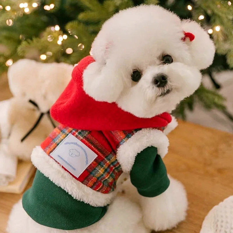 Sudadera con capucha a cuadros de Navidad para mascotas, abrigo empalmado, peluche grueso de invierno, perro pequeño, gato, perro, Año Nuevo, ropa para cachorros de Otoño/Invierno - imagen 2