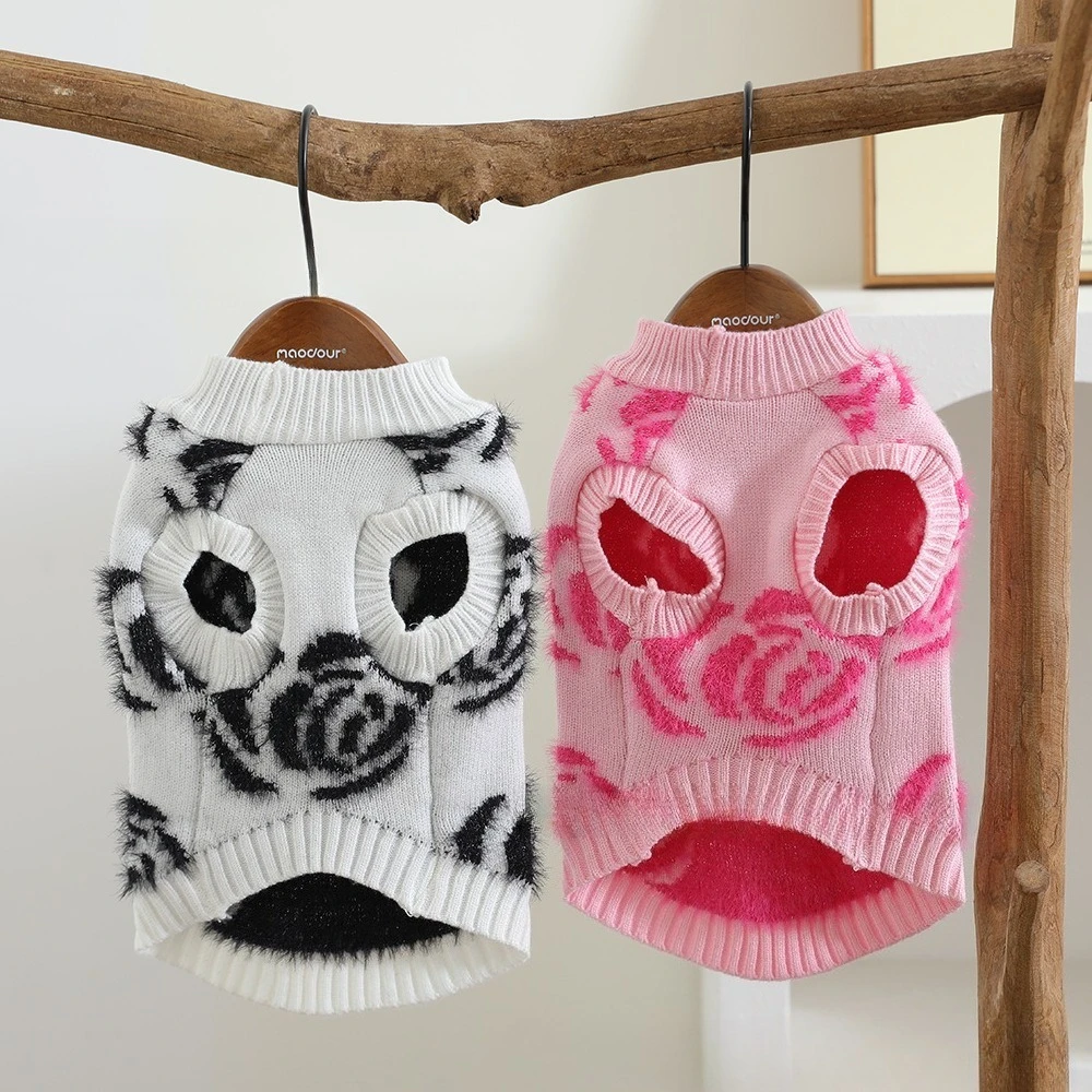 Suéter de punto con rosas para mascotas, suéter cálido de peluche, chaleco con rosas de peluche, ropa para cachorros, ropa para perros pequeños, Otoño/Invierno - imagen 2