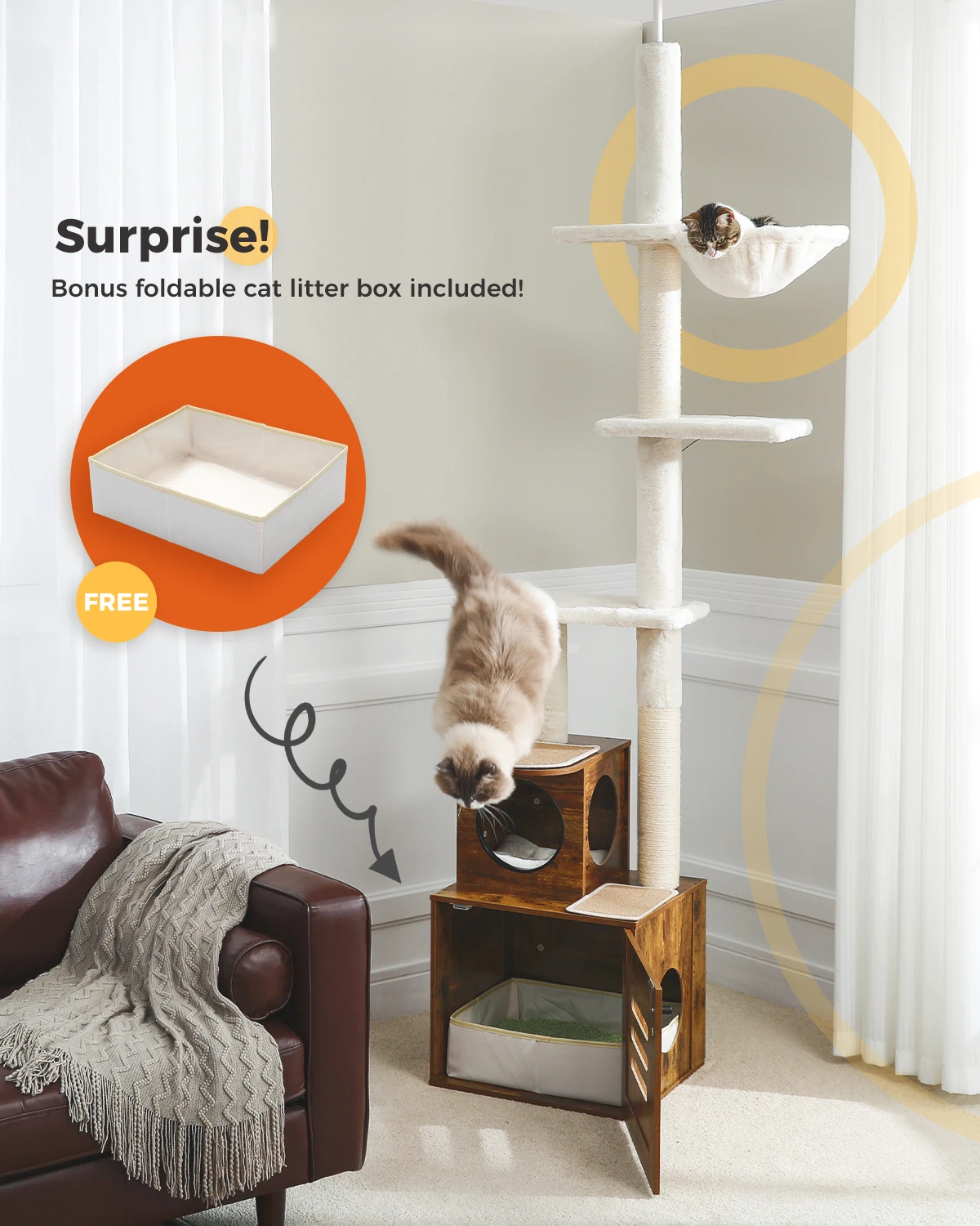 Árbol para gatos alto y ajustable de H230-280CM, torre para gatos de piso a techo con gabinete grande, poste para rascar de Sisal interior