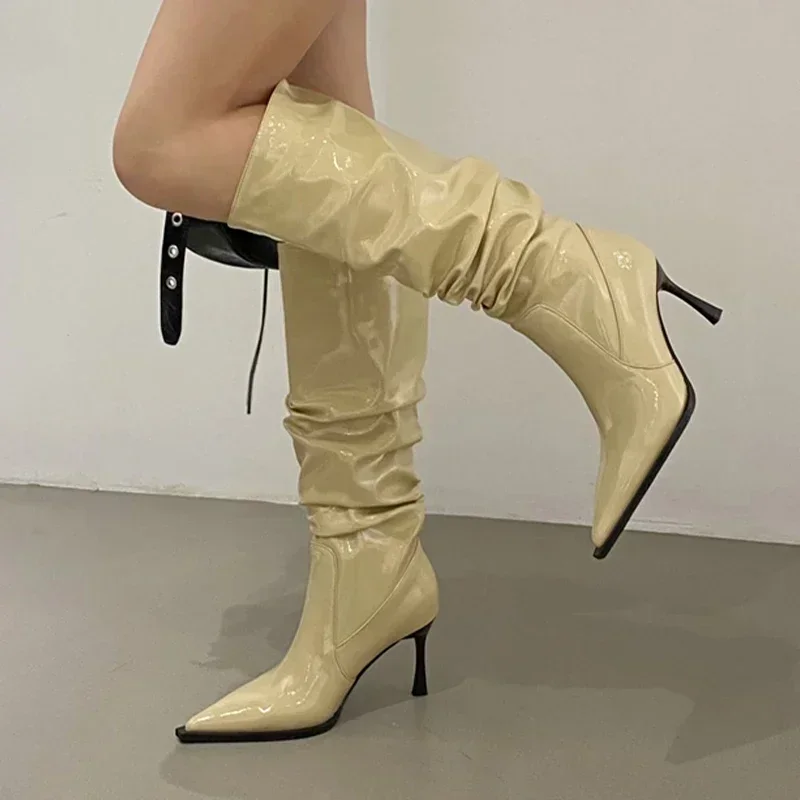 Botas altas de cuero para Mujer, zapatos sexis de tacón alto con punta puntiaguda, Botas Chelsea de fiesta a la moda para Mujer, Botas de nieve nuevas para Mujer - imagen 4