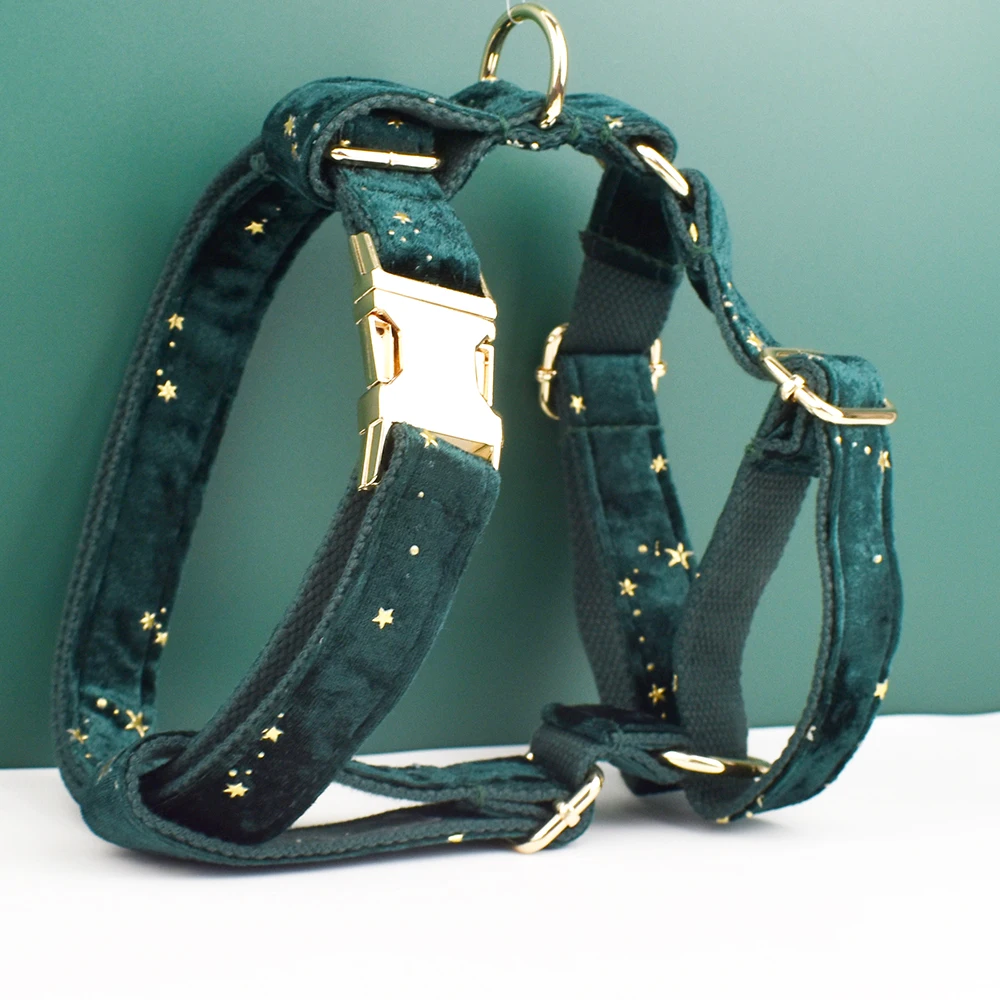 Accesorios de lujo para mascotas, diseño personalizado, logotipo, fondo negro, sublimación de flores, Collar para perro, correas, arnés, juego de lazos Star03 - imagen 2