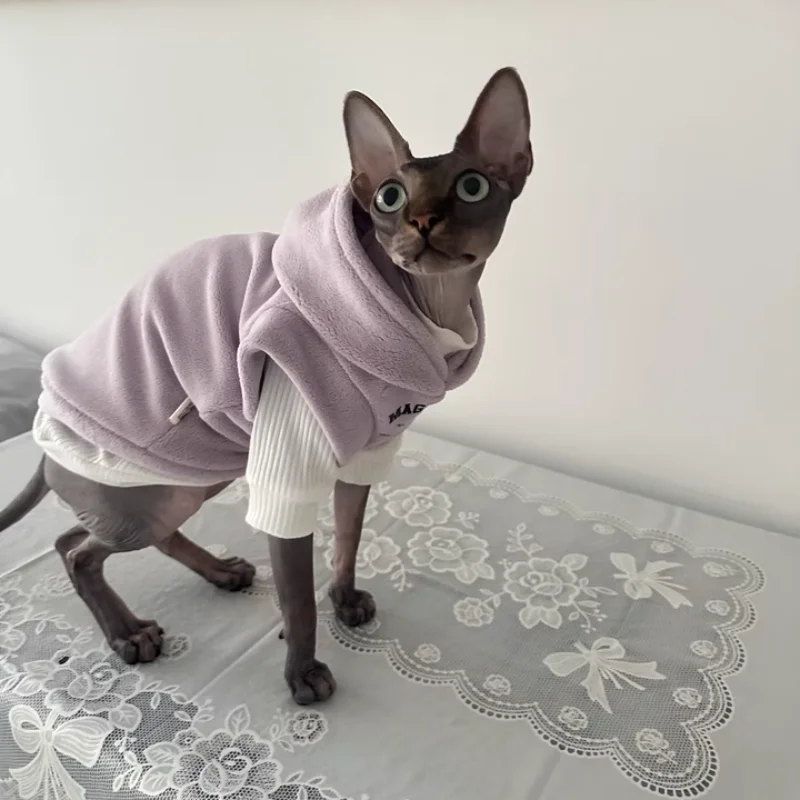 Sudadera gruesa con capucha de lana amarilla para Sphynx Cat, abrigo gris de manga corta para Devon en invierno, ropa de descanso suave para gatitos - imagen 5