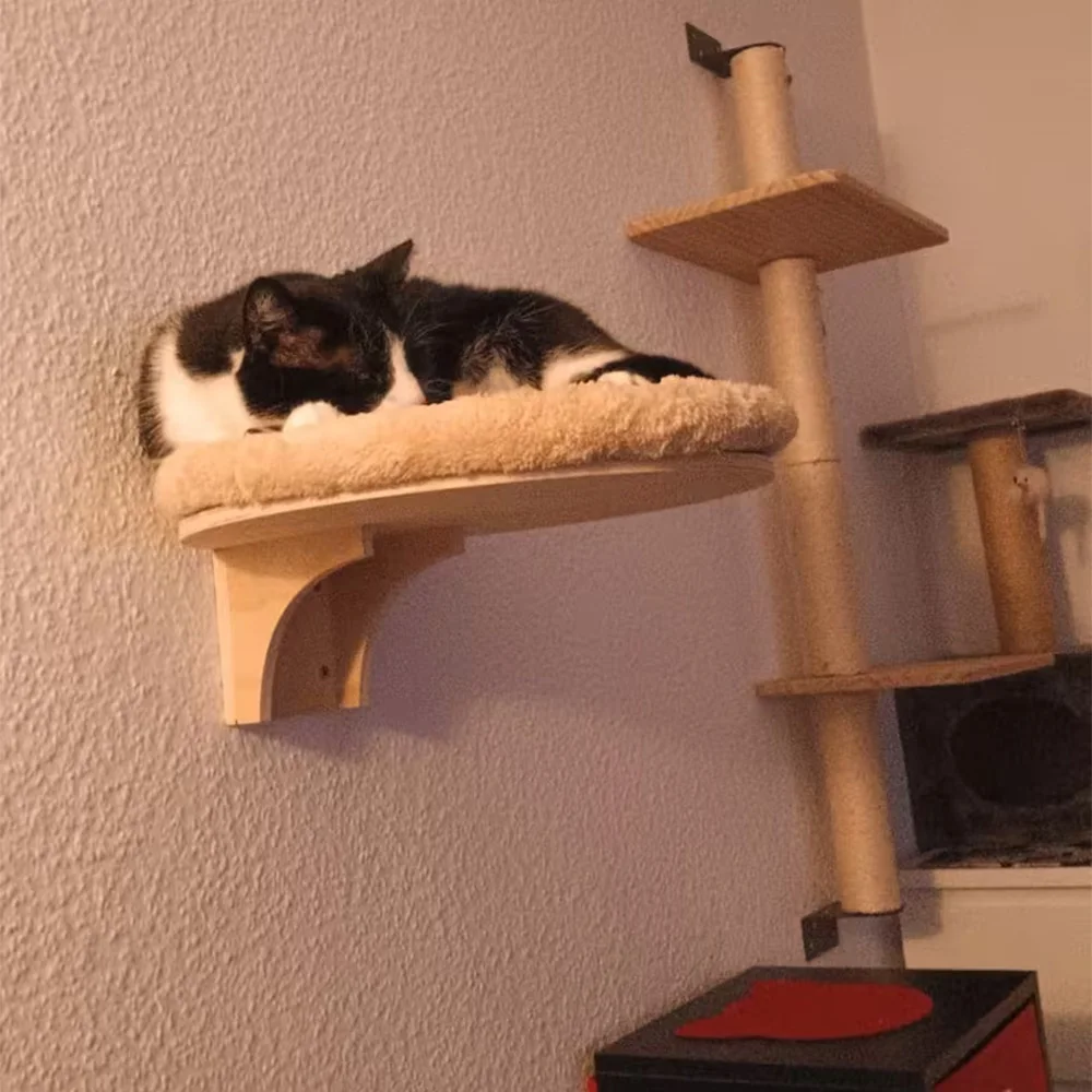 Posadera redonda para gatos: cama montada en pared con estante de madera - imagen 5