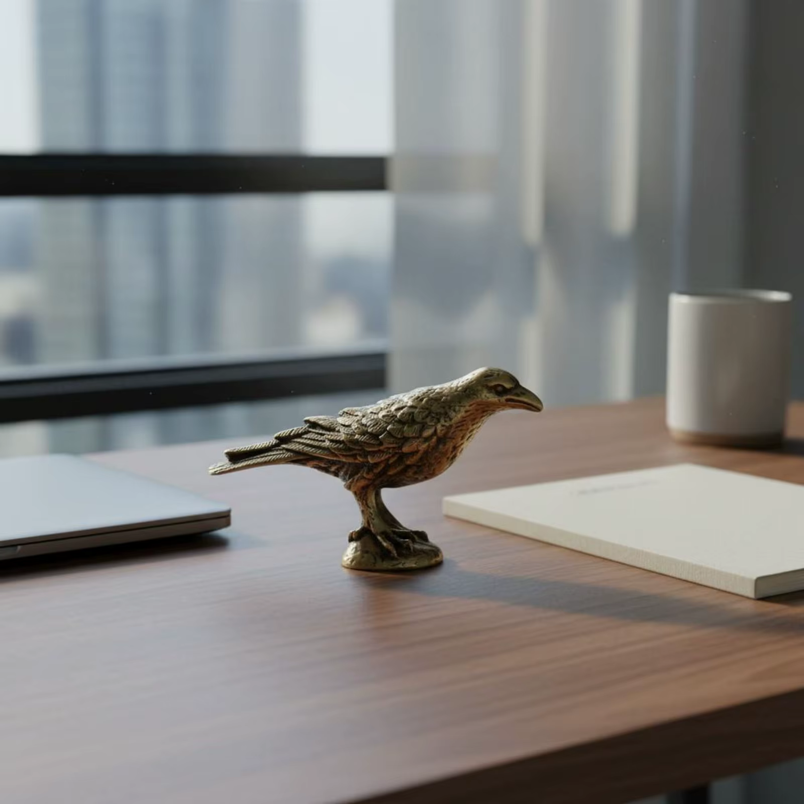 Figura decorativa de cuervo vintage en latón macizo para escritorio
