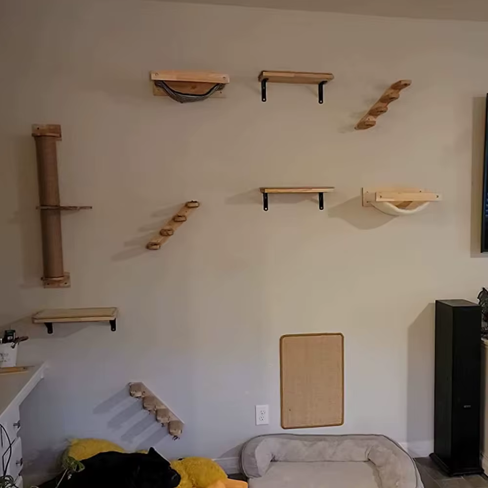 Mueble rascador de pared para gatos madera, sisal y hamaca