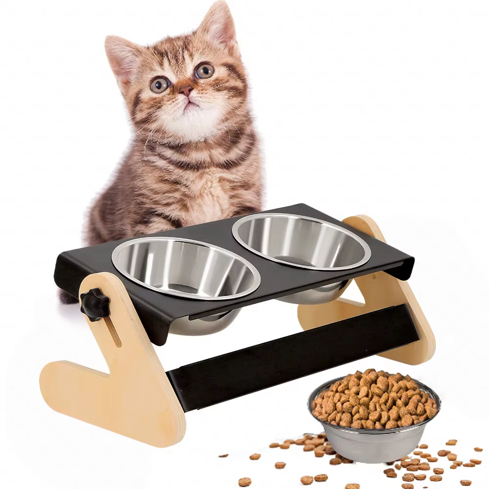 Comedero elevado doble para gatos y cachorros, madera ajustable - imagen 3