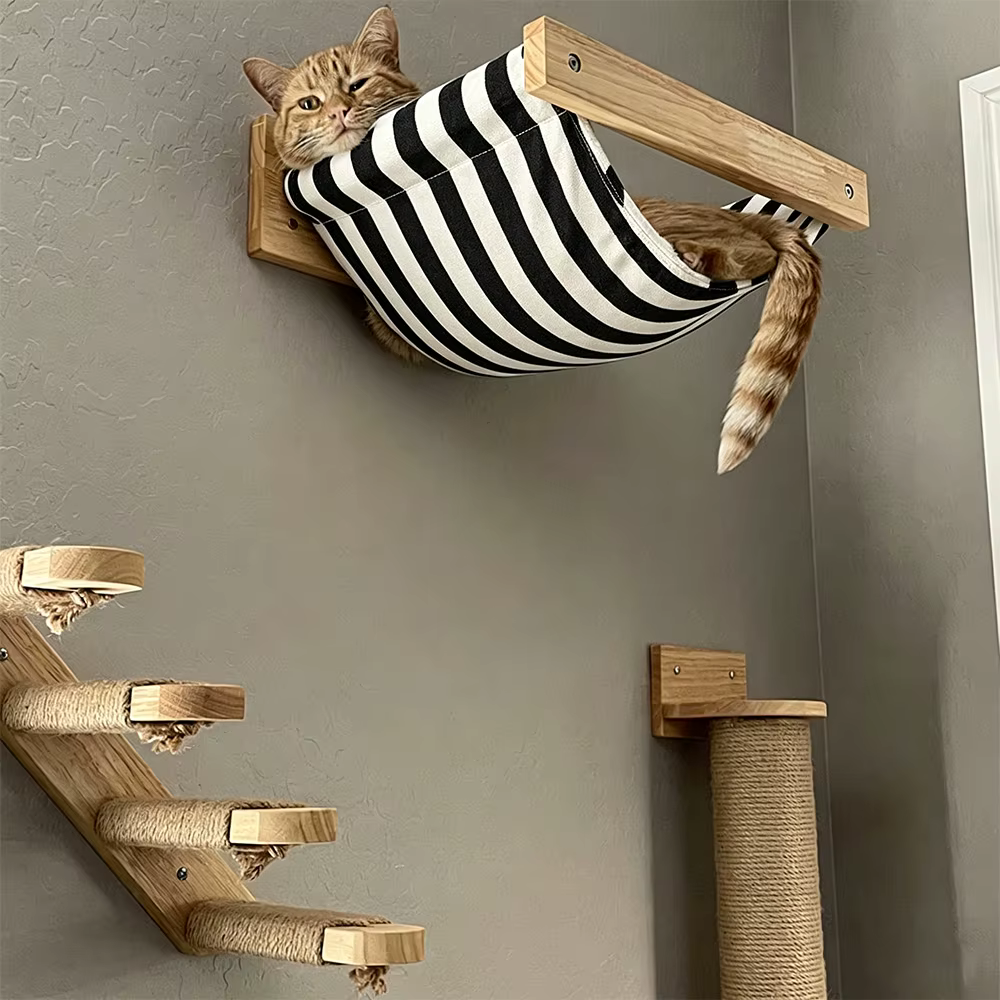 Hamaca de pared para gatos de madera maciza y rascador de sisal