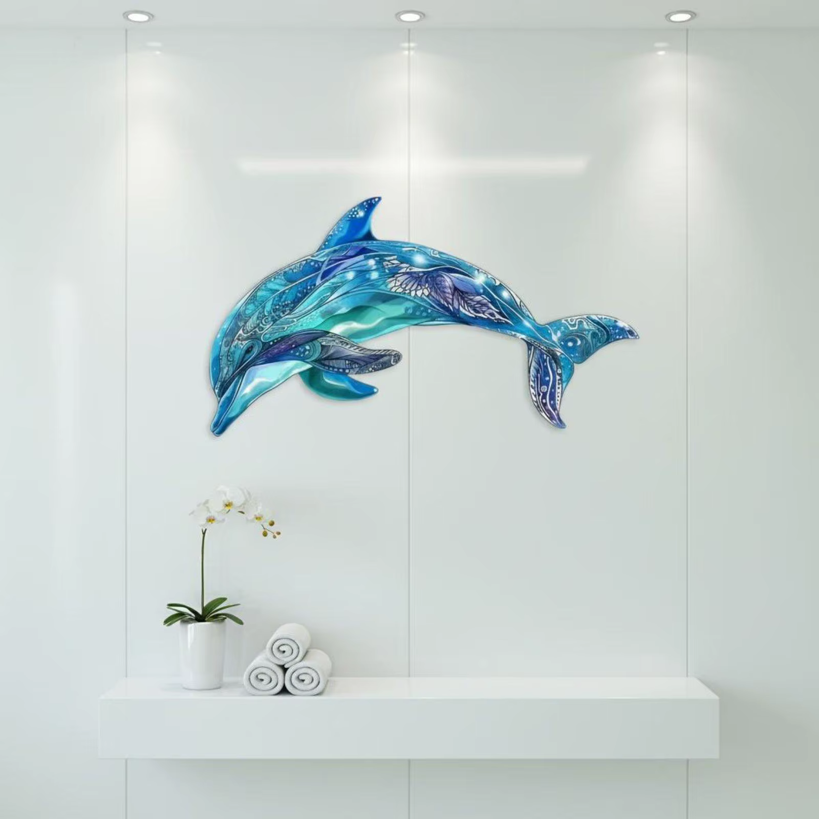 Decoración de pared con delfín metálico azul resistente al óxido