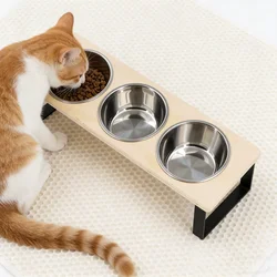 Comedero elevado para gatos con base de madera y acero inoxidable