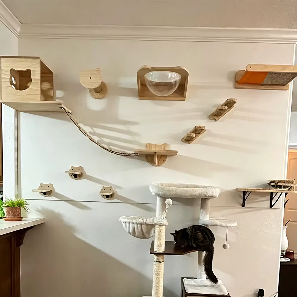 Hamaca de pared para gatos de madera maciza y rascador de sisal - imagen 4
