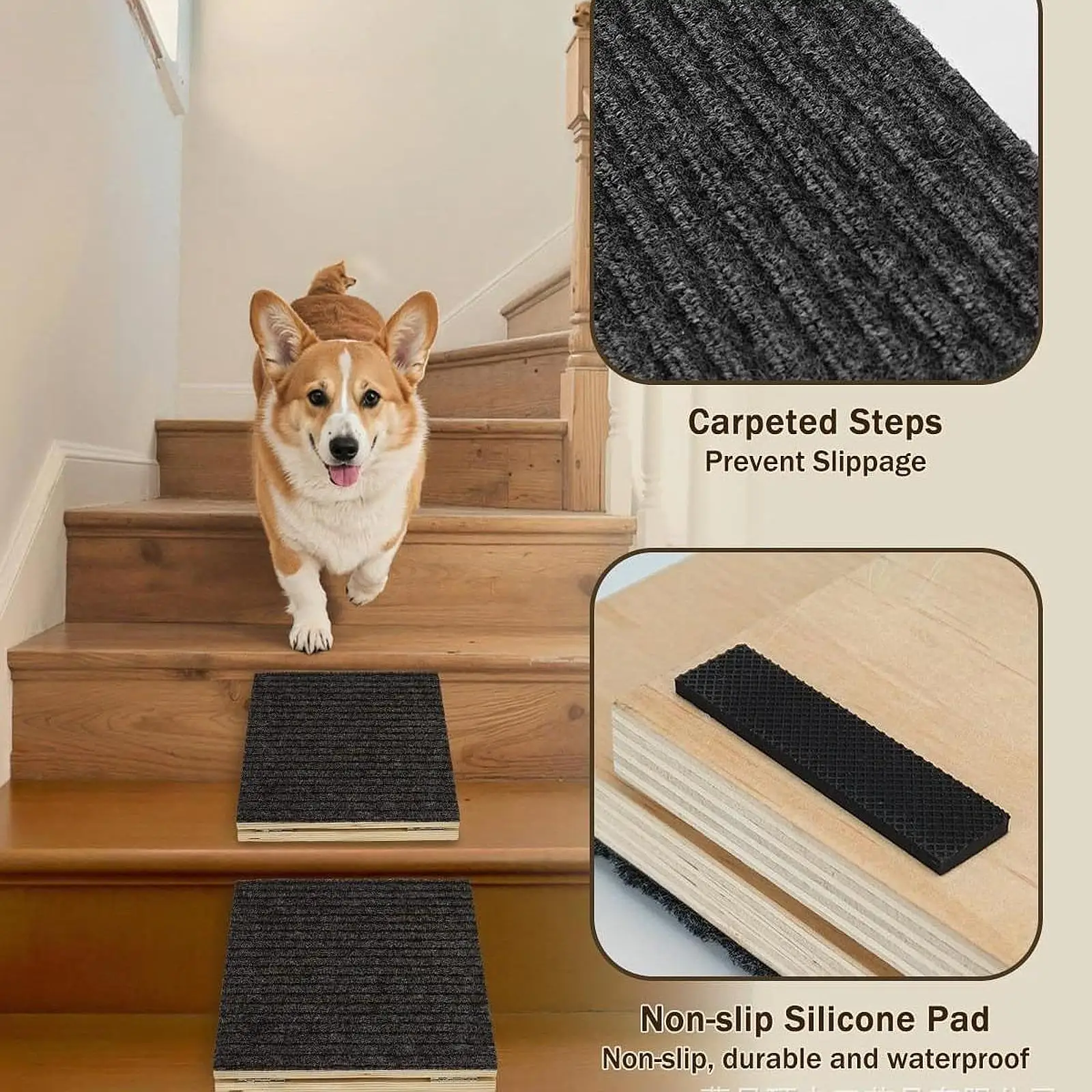 Vista lateral rampa plegable madera para perros