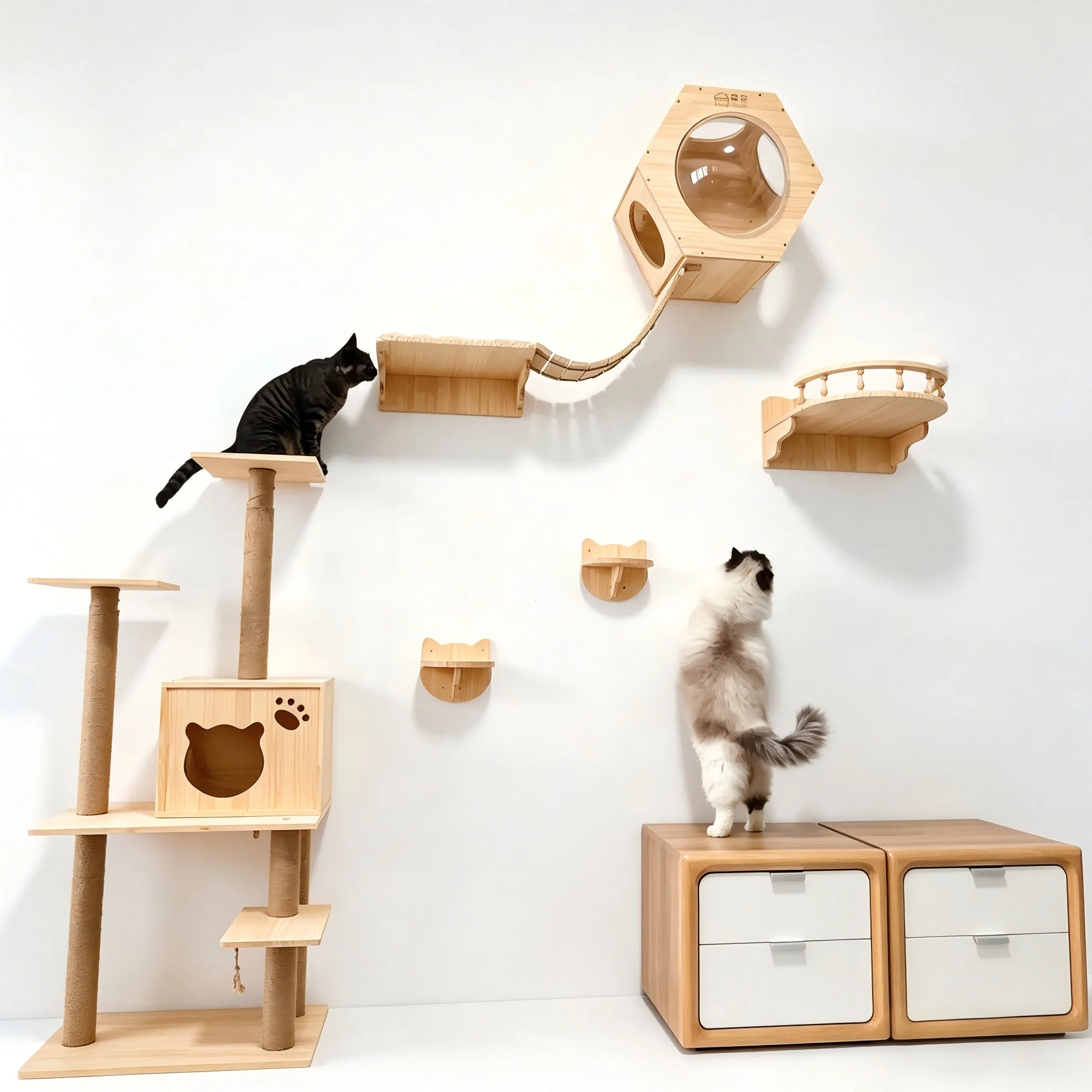 Estanterías de pared en madera para gatos: rascador y hamaca - imagen 2