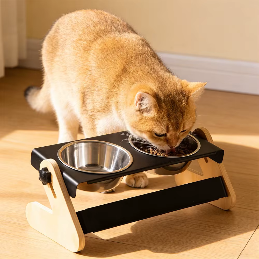 Comedero elevado doble para gatos y cachorros, madera ajustable - imagen 5