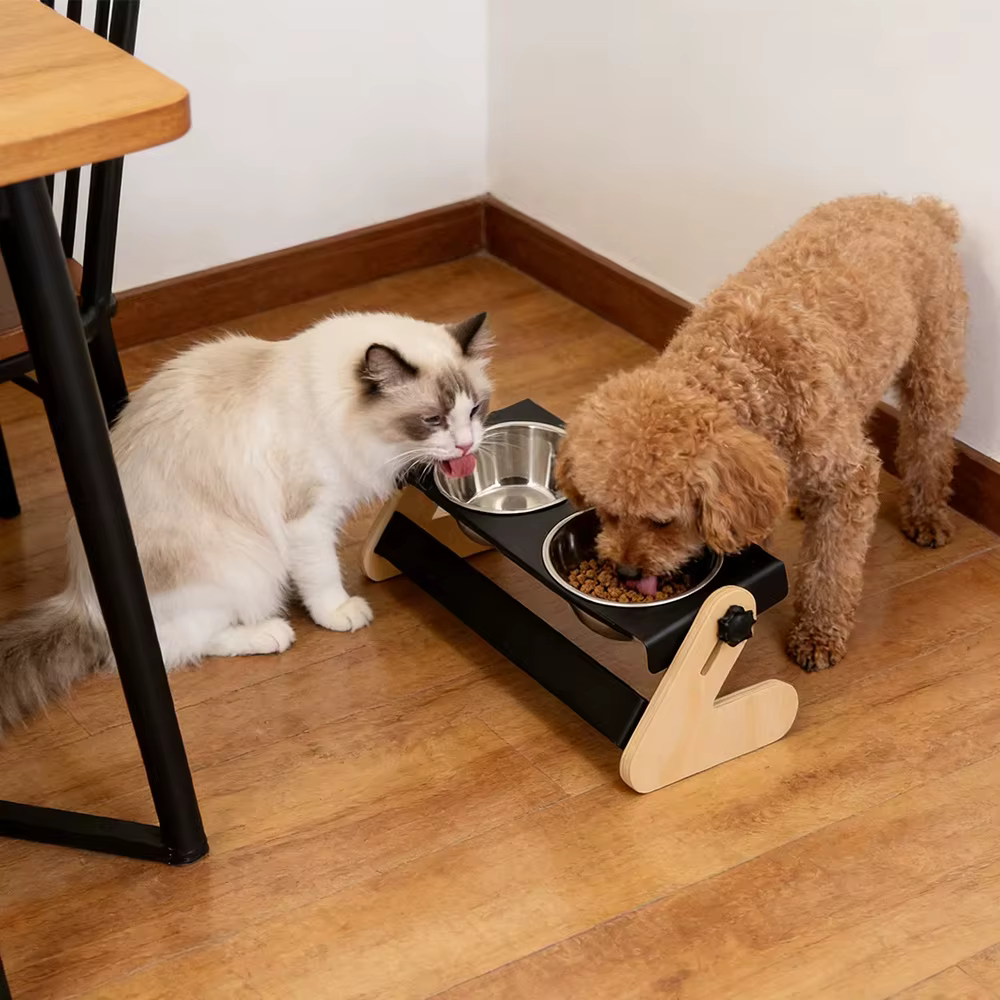 Comedero elevado doble para gatos y cachorros, madera ajustable - imagen 2