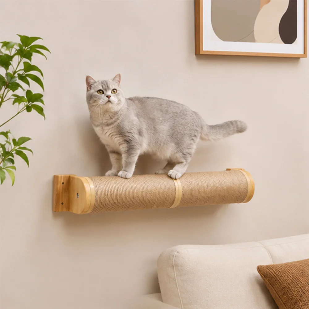 Hamaca de pared para gatos con estante y rascador de sisal