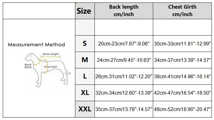 Tabla de medidas para diferentes tallas