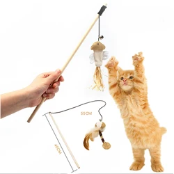 Varita Interactiva de Madera para Gatos – Juguete con Plumas y Cascabel