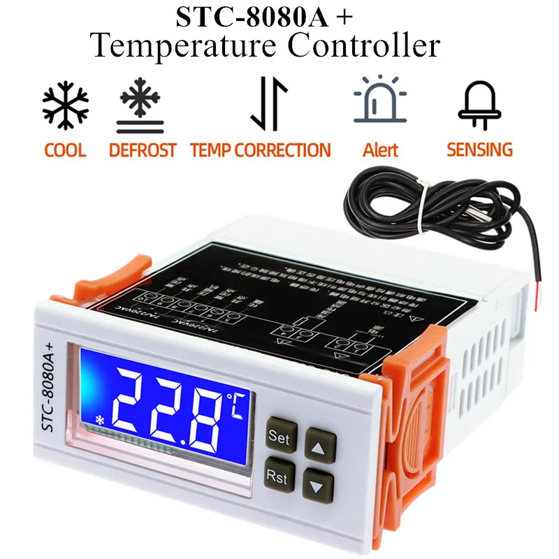 Pantalla frontal del STC-8080A+ mostrando temperatura y modos